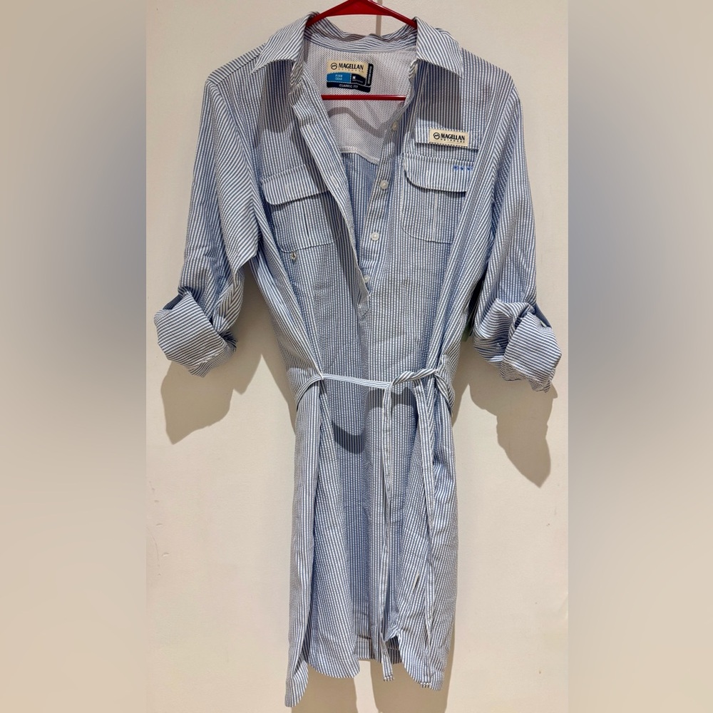 NWT Magellan Light Blue and White Striped Seersucker Shirt Dress Size M